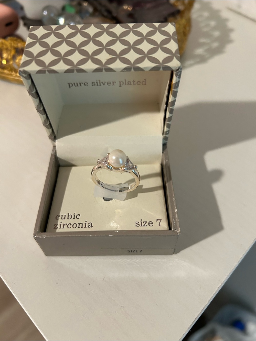 Silver-Plated Pearl Ring with Cubic Zirconia Accents - Size 7